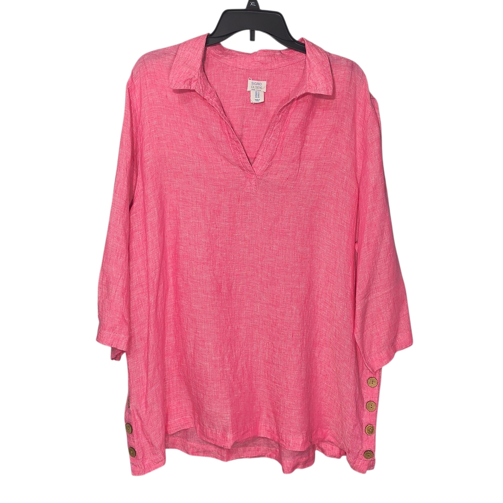 Sigrid Olsen Oversized 1X 100% Linen Pink Button-Detail Tunic Boho Peasant Beach
